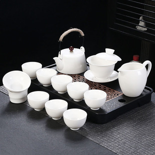 羊脂玉功夫家用办公轻奢高档泡茶壶白瓷茶杯 白瓷悬停盖碗茶具套装
