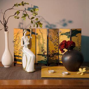 新中式法式中古桌面台式漆面小屏风仕女花艺摆件茶桌书房软装饰品