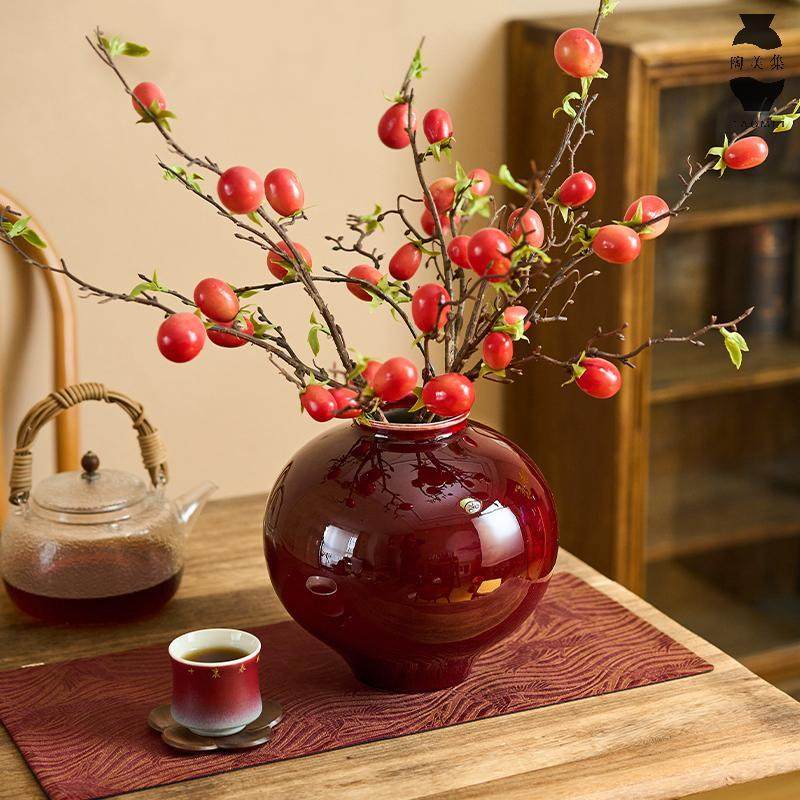 陶美集郎红陶瓷花瓶中式覆古客厅玄关电视柜新年插花花器装饰摆饰