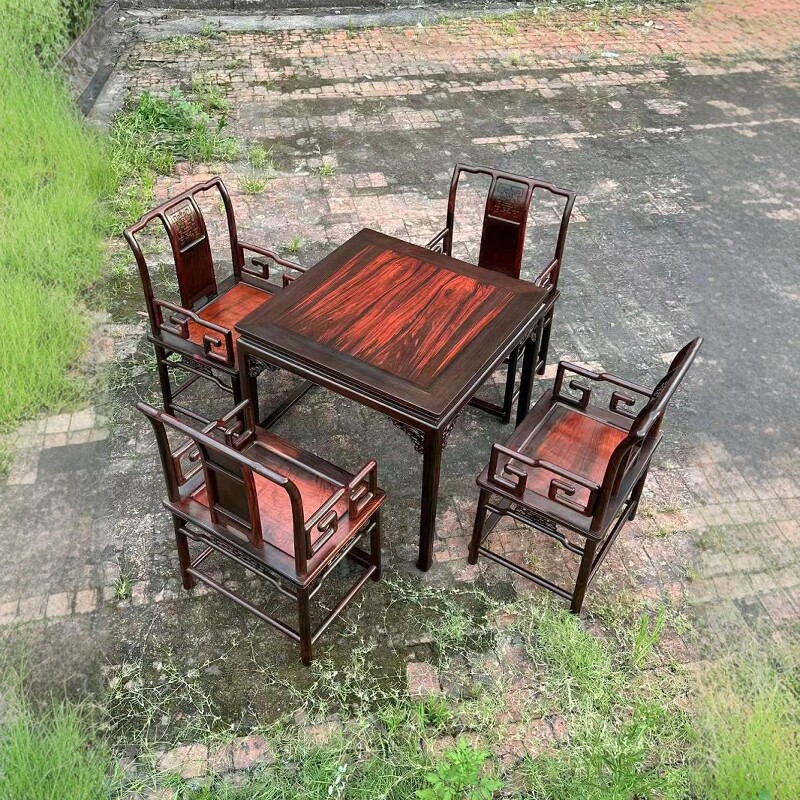 红木家具大红酸枝南官帽椅休闲桌五件套客厅实木休闲桌棋牌桌饭桌