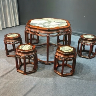 大红酸枝镶嵌云石休闲桌椅六件套家用餐椅实木茶桌榫卯结构八仙桌