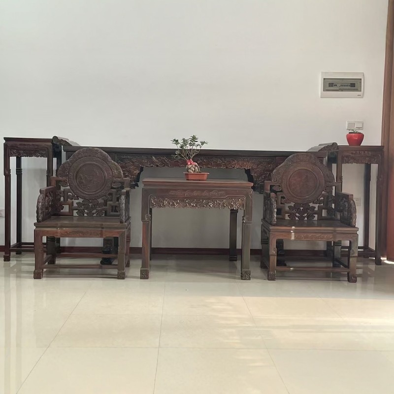 红木家具老挝大红酸枝中堂翘头交趾黄檀木实木条案供桌灵芝椅重工