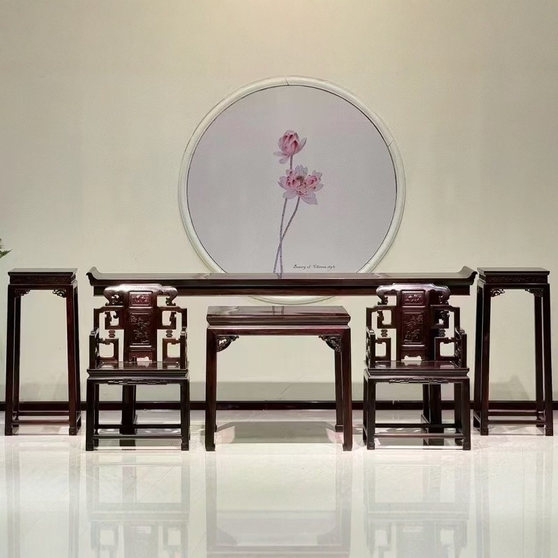 老挝大红酸枝中堂六件套交趾黄檀客厅太师椅花架条案八仙桌大组合