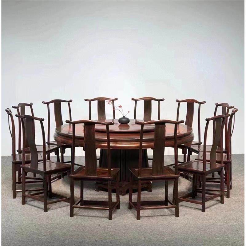 家用酸枝米转盘中式老挝实木8家具餐桌圆桌交趾1红木黄檀新大红