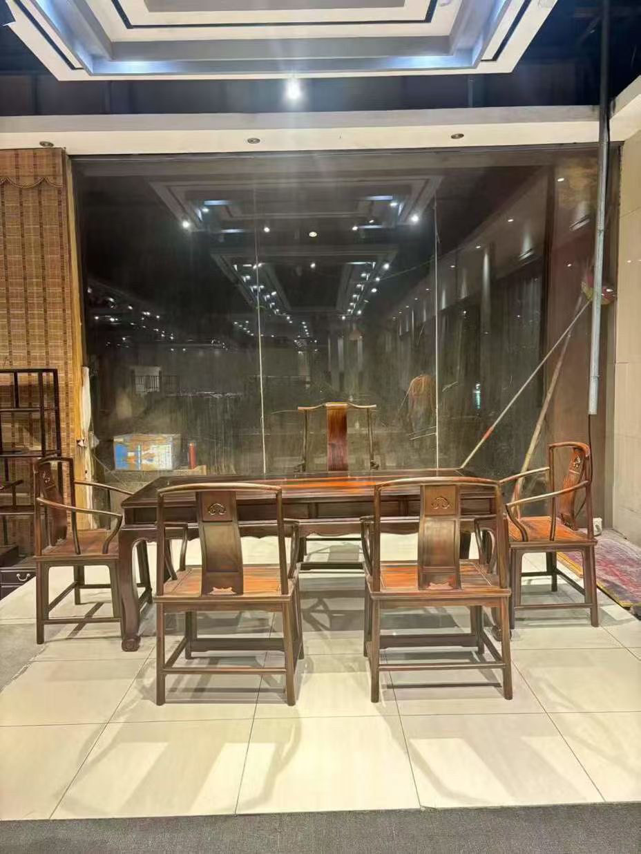 大红酸枝交趾黄檀清香款泡茶桌无拼补长方形餐桌椅组合独板通根