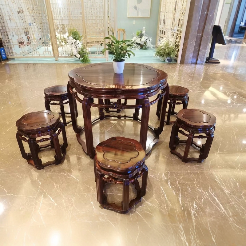 老挝大红酸枝休闲桌五子登科鼓桌组合交趾黄檀明清古典梅花休闲桌