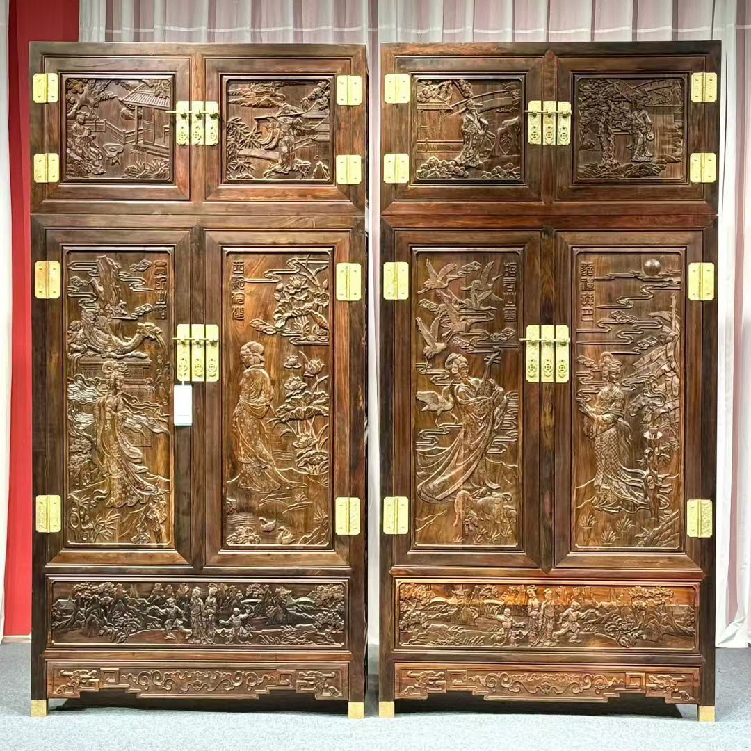 大红酸枝深雕四大美女镶银丝顶箱柜大衣柜交趾黄檀明清古典家具