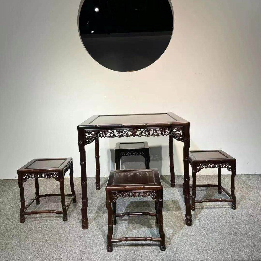 大红酸枝休闲桌五件套交趾黄檀木家具四方桌榫卯家居客厅古典摆设