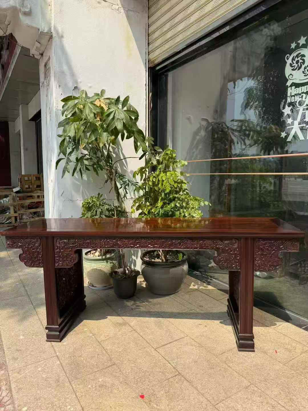 私人定制交趾黄檀独板西番莲大条案雕花大红酸枝平头案中式供桌
