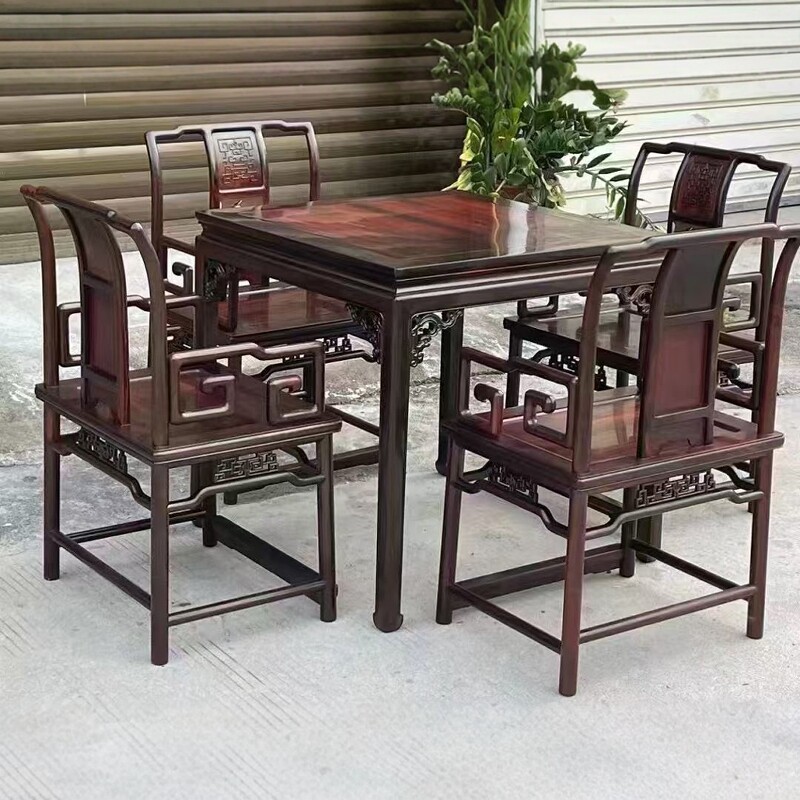 老挝大红酸枝餐桌交趾黄檀椅子组合五件套手工雕刻人体工学舒适感