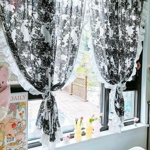 2025新款 复古卧室木耳花边门帘高级感 窗帘魔术贴透光不透人法式