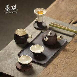 简约茶壶茶具套装 慕砚日式 家用禅意一壶两杯粗陶公道杯干泡盘茶器