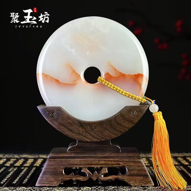 天然红花冰玉平安扣摆件客厅电视柜玄关大和氏璧吉祥乔迁礼物高档