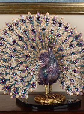 珐琅彩孔雀摆件中式古典玄关客厅酒柜轻奢桌面装饰品乔迁礼品摆设