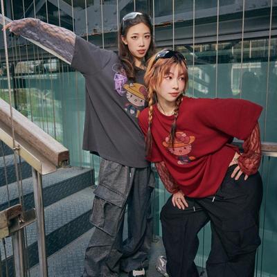 卡通猫咪印花拼接花边袖可爱T恤