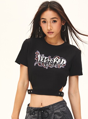 侧腰镂空哥特字母印花弹力吸湿速干高腰露脐街舞运动短袖T恤女