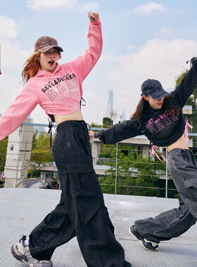 高腰连帽休闲健身卫衣女辣妹侧腰抽绳做旧字母刺绣街舞运动