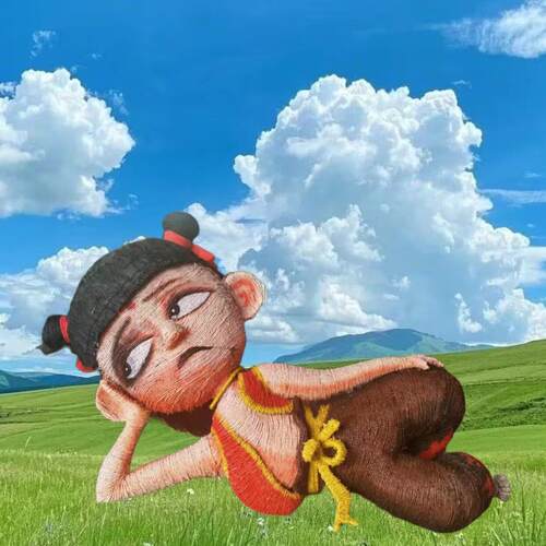 哪吒卡通稻草人仿真草动物稻草人工艺品园林摆件景观绿化