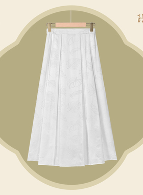 中国丝绸桑波锻【树叶白色花A摆裙】隆鹊白色新中式夏仙女半身裙