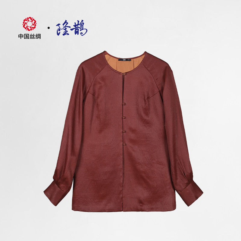 中国丝绸隆鹊【珍珠缎红云纱】长袖上衣时尚百搭新中式红色外套