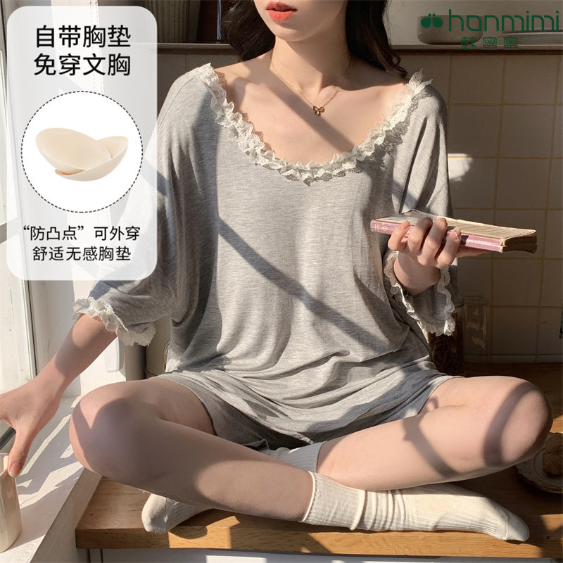 韩蜜蜜莫代尔睡衣女夏季短袖短裤蕾丝花边露背薄款带胸垫可外穿