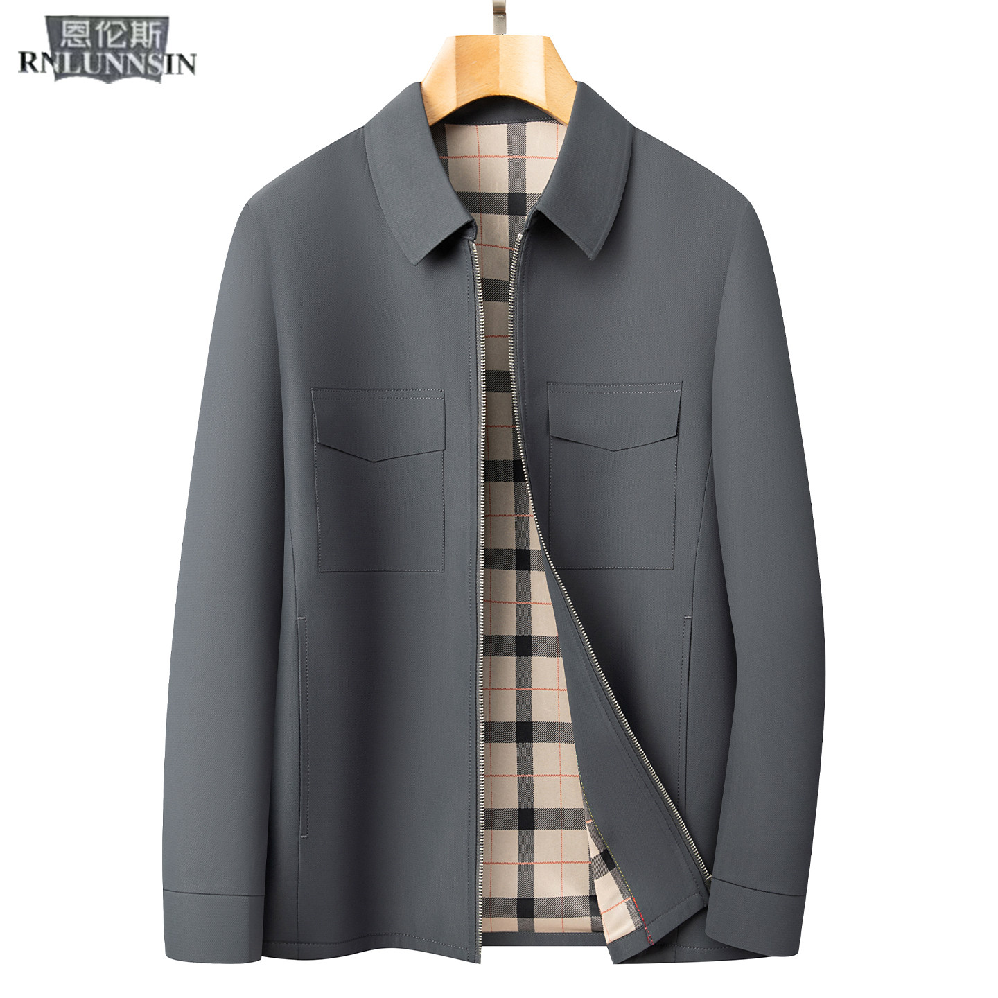 商务休闲夹克男士常规翻领拉链款通勤简约2026新款高档风衣外套