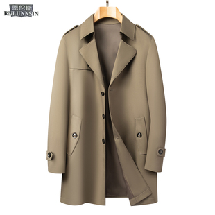 风衣男2025春秋新款高端商务休闲中长卡其色单排扣翻领外套