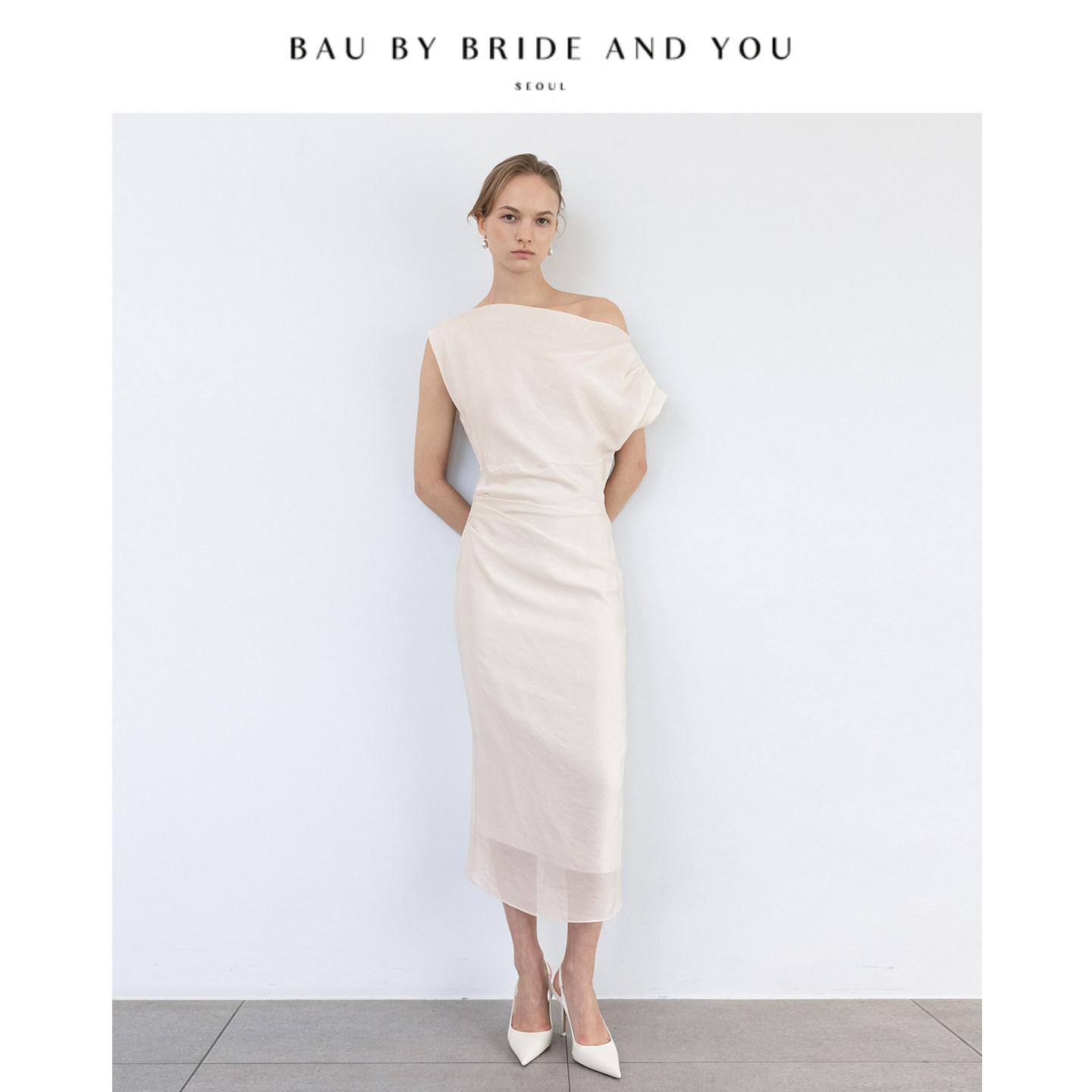 BAUbyBrideAndYou 韩国2026夏季新款荡领不对称收腰长裙连衣裙女