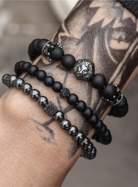 欧美饰品时尚复古黑磨砂手串锆石皇冠钻球骰子狮子头珠子手链套装