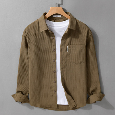 日系简约华夫格清新长袖衬衫男士休闲百搭文艺宽松上衣男装9986