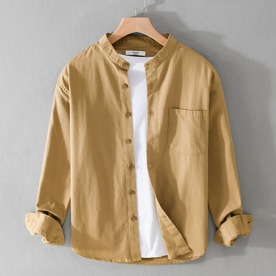 春秋季简约百搭男装长袖衬衫休闲宽松男士立领纯色青年衬衣9112