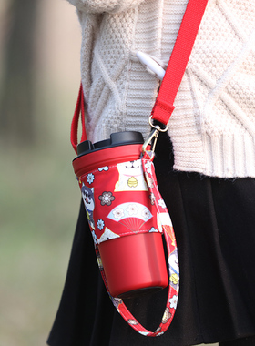 手工布艺 环保手提奶茶杯套 斜跨挂脖背带外带杯套袋 rivers杯套