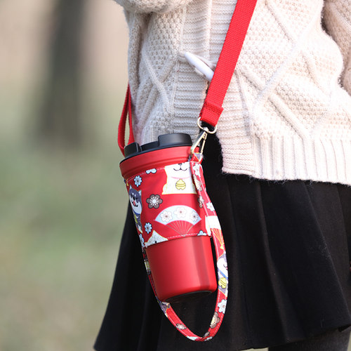 手工布艺 环保手提奶茶杯套 斜跨挂脖背带外带杯套袋 rivers杯套