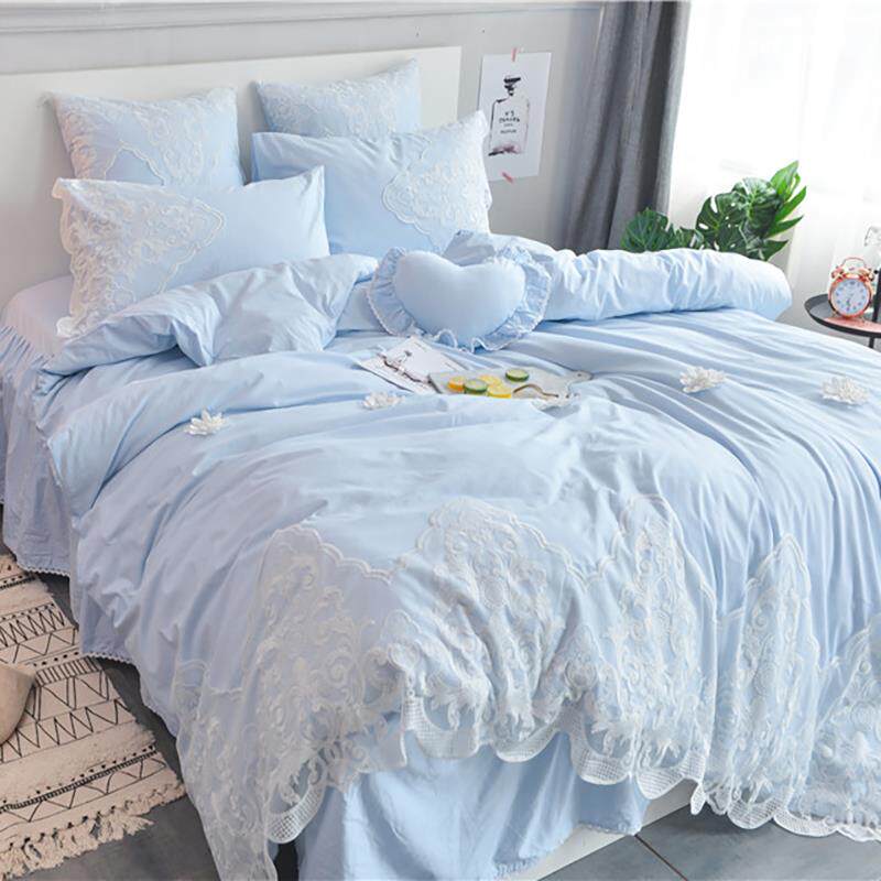 韩式纯色纯棉100全棉床上四件套蕾丝被套公主风少女心床单床裙款4