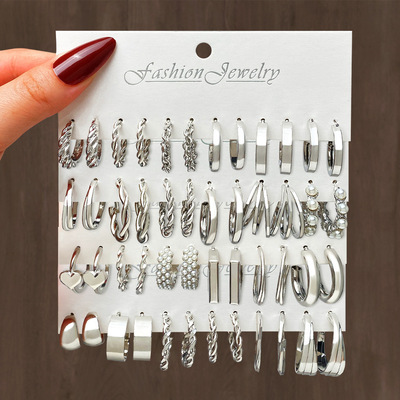 欧美新款合金耳圈方形几何形耳环耳环套装组合ins风earrings set