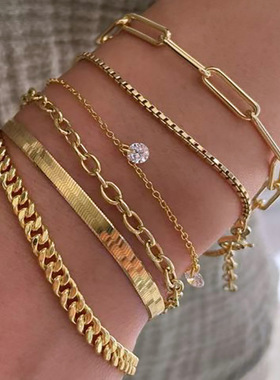 欧美波西米亚极简手饰金属链条女式套装6条多层链条简约手链