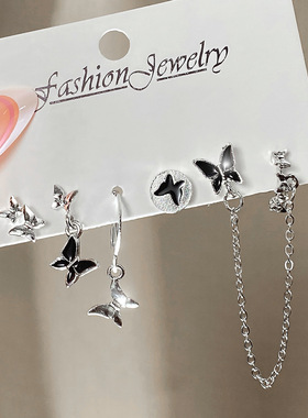 新款热销滴油蝴蝶耳环套装五件套女黑色金属气质耳饰earring