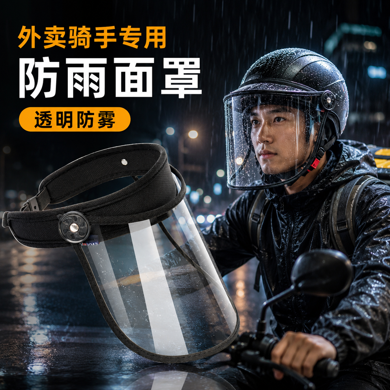 外卖骑手防雨面罩下雨天遮雨帽高清透明护脸防风沙大帽檐雨帽