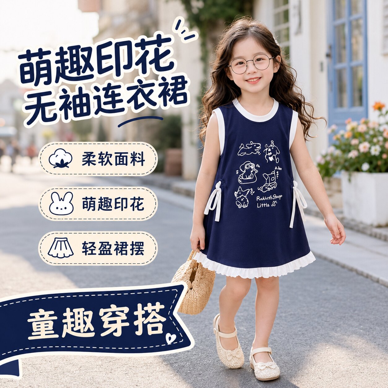 可爱卡通无袖背心裙时髦T