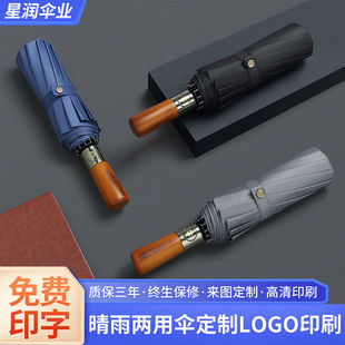 2025新款 黑胶防晒三折自动复古雨伞十骨实木柄商务感复古风格