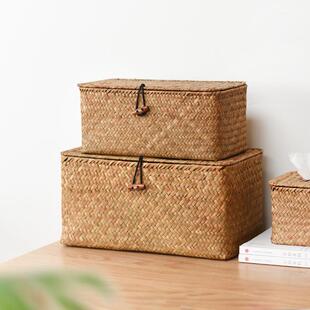 海草编织篮零食收纳箱收纳盒整理箱竹篮藤编收纳筐竹编篮带盖竹筐