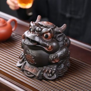 紫陶招财金蟾茶宠摆件精品可养手工茶玩茶台茶桌茶盘装 饰茶具配件