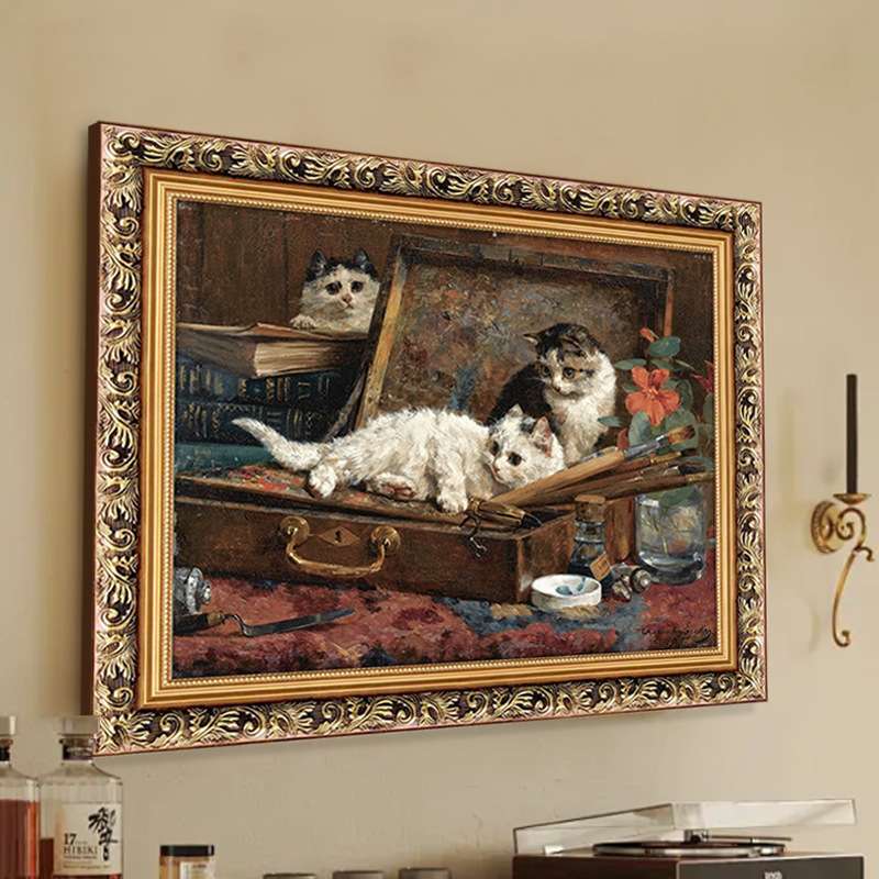 古典动物猫咪油画法式美式复古客厅背景墙装饰画小众卧室茶室挂画图片