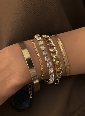 欧美跨境个性几何多元素水钻套装手链 复古简约铜手工爪链手饰品