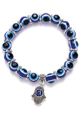 欧美经典蓝色邪恶眼睛棕榈圆玻璃珠手镯许愿弹性绳链手镯的时尚