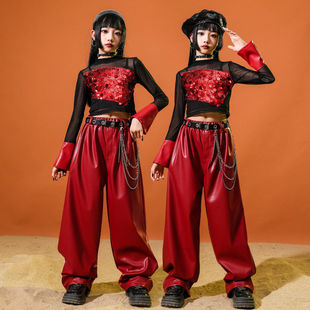 元旦儿童演出服女童爵士舞服装女孩女团风甜酷红色辣妹亮片露脐装