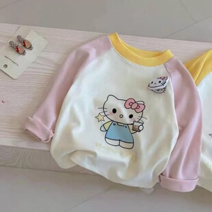 纯棉春秋儿童长袖上衣立体KT猫卡通洋气插肩袖内搭新款女童打底衫