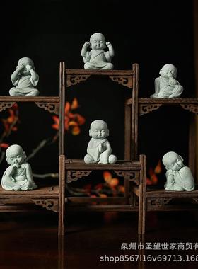 创意萌趣小沙弥摆件花卉园林盆景假山造景景观造景佛像迷你小和尚