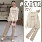 套装 秋季 时尚 两件套新款 洋气时髦宽松纯棉卫衣上衣阔腿裤 孕妇秋装