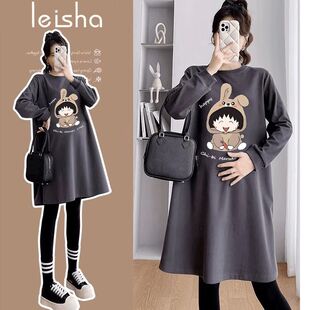 孕妇韩版百搭圆领纯棉连衣裙春秋季新款时尚宽松不显怀中长款裙子